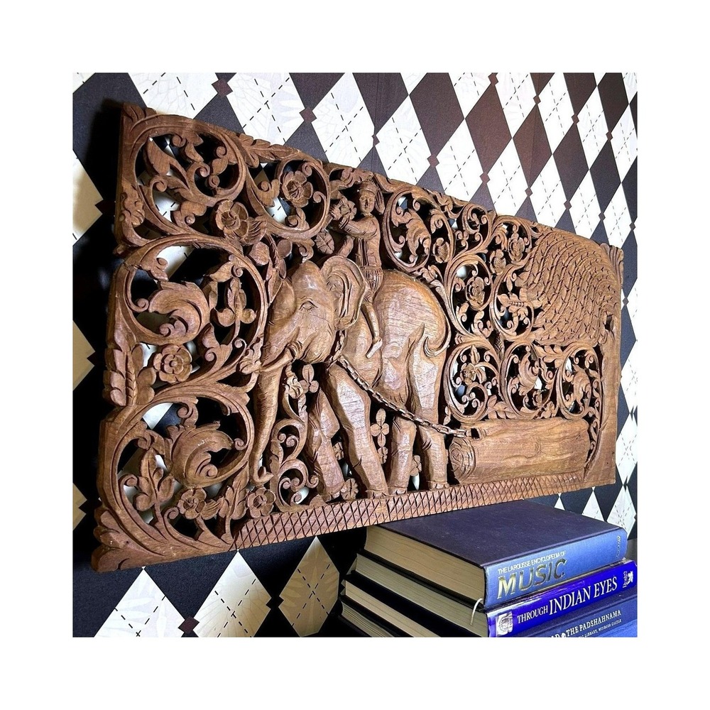 Large 3-Foot Thai Teak Wall Panel Hand Carved Elephant 36 x 18 Floral Relief